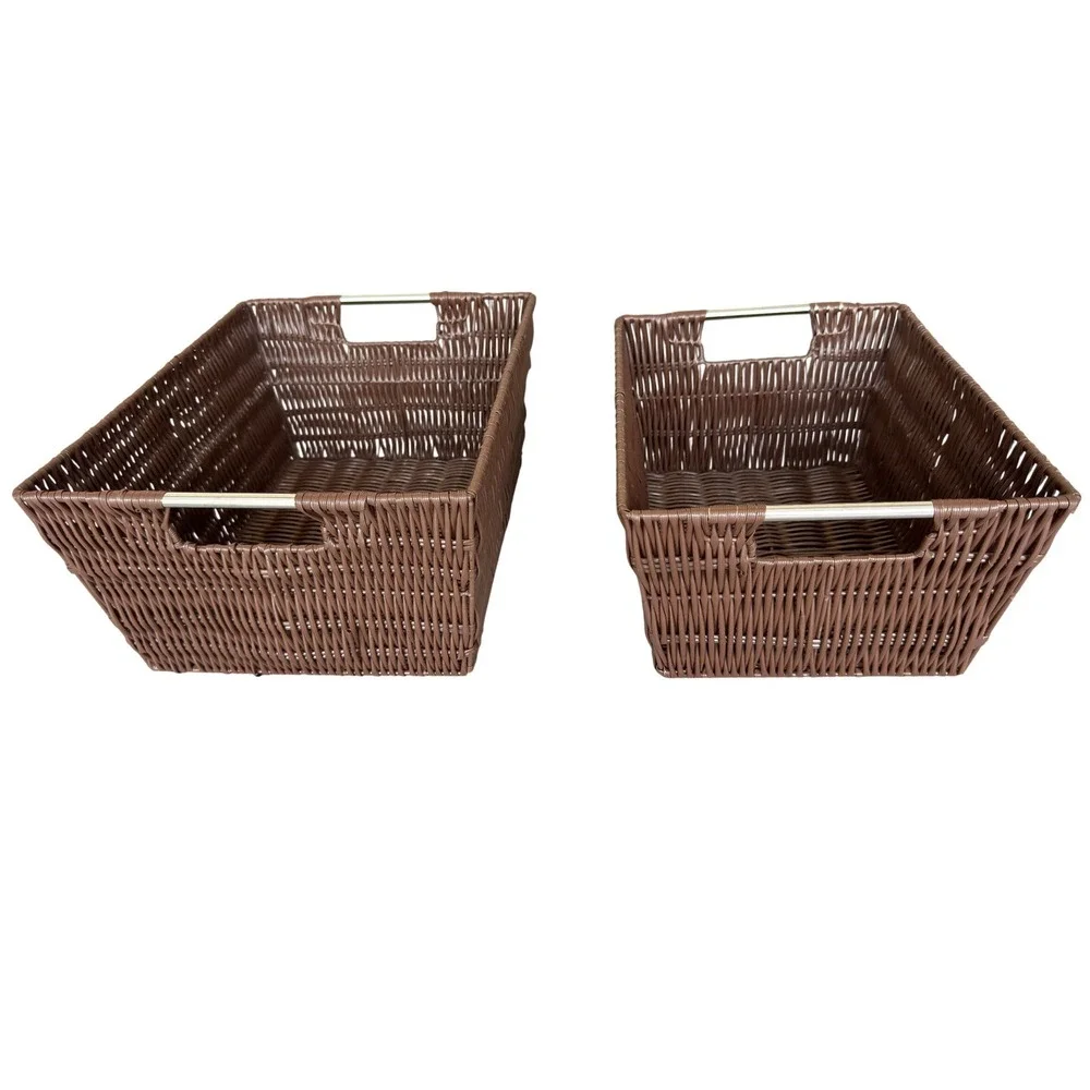 Set of 2 Brown Woven Storage Baskets with Metal Handles Nesting Bins